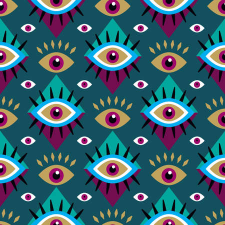 Awesome seamless pattern with esoteric eye different shapes, Magic, witchcraft, occult symbol, colorful line art. Tenplate design fabric, paper, textile. Vector Modern mythic graphic background illustration.のイラスト素材