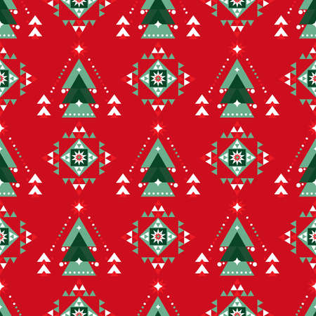 Merry Christmas Happy New Year seamless pattern Holiday winter nordic background Vintage scandinavian deer, tree, ball, snowflake, geometric shapes. Vector flat illustrationのイラスト素材