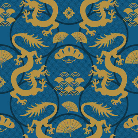 Japanese, Chinese seamless pattern with Dragon, fan, sakura, clouds, bonsai, sea vawes. Abstract texture, textile, kimono origami paper. Background for your design. Vector illustration.のイラスト素材