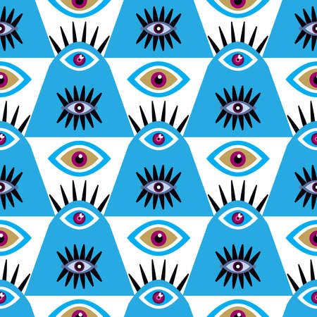Awesome seamless pattern with esoteric eye different shapes, Magic, witchcraft, occult symbol, colorful line art. Tenplate design fabric, paper, textile. Vector Modern mythic graphic background illustration.のイラスト素材