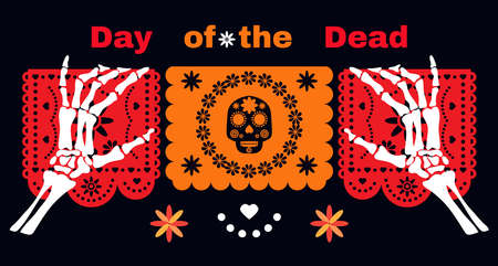 Dia de Los Muertos, Day of the Dead or Halloween greeting card,  banner  Sugar  skulls, candle, maracas, guitar, sombrero and  marigold flowers, Catrina la Calavera traditional mexico skeleton decoration Vector illustration.のイラスト素材