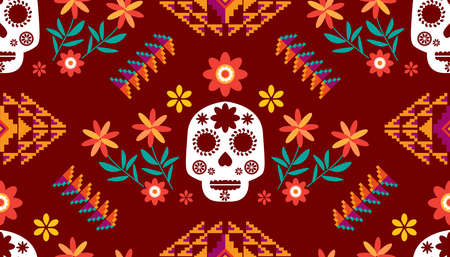 Mexican seamless pattern, sugar skulls and flowers. Template for mexican celebration, l mexico...