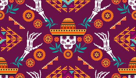 Day of the Dead, Dia de los Muertos, Halloween festive seamless pattern with skulls, skeleton hands, marigold flowers. Template holiday background Vector illustrationのイラスト素材
