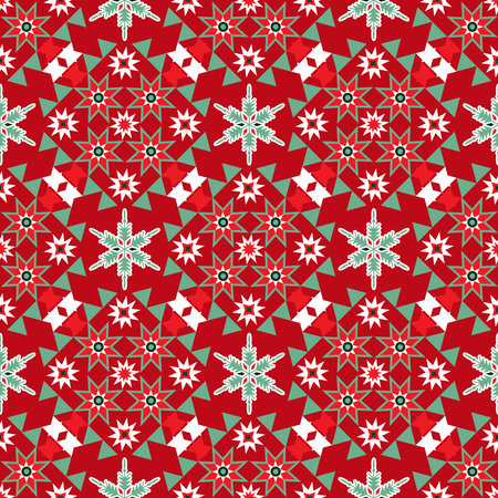 Merry Christmas Happy New Year seamless pattern Holiday winter nordic background Vintage scandinavian deer, tree, ball, snowflake, geometric shapes. Vector flat illustrationのイラスト素材