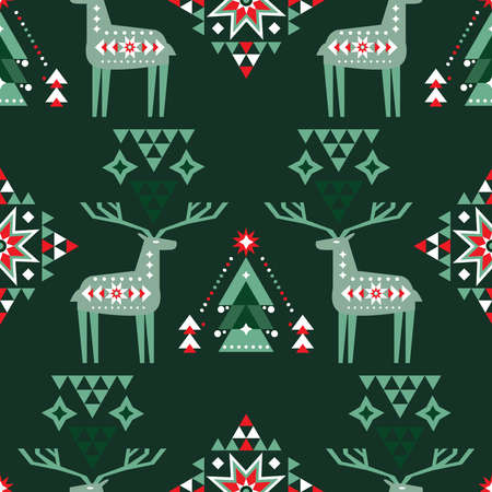 Merry Christmas Happy New Year seamless pattern with deer in forest. Holiday winter nordic background Vintage scandinavian deer, tree, ball, snowflake, geometric shapes. Vector flat illustrationのイラスト素材