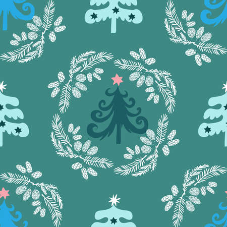 Merry Christmas winter floral holiday art background. Christmas seamless pattern with poinsettia and flowers, snowflakes. Unique hand drawn winter floral design Vector illustrationのイラスト素材