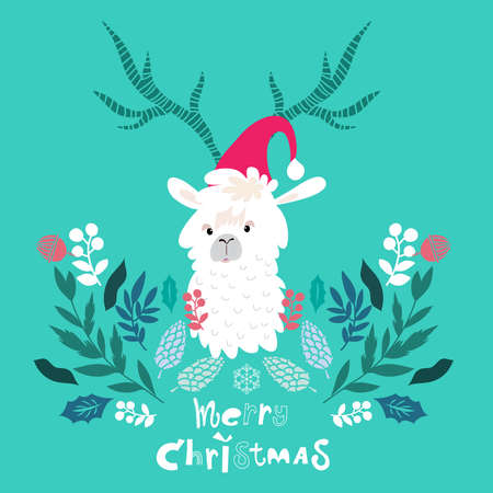 Merry Christmas holiday template greeting card with lama animal, Santa hat, christmas wreath, lettering. Cute christmas animals .Vector illustration in flat cartoon style.のイラスト素材