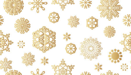 Christmas seamless pattern with golden snowflakes. Merry Christmas and Happy New Year. Beautiful holiday ornament for unique winter design. Template background, packaging paper, cover, fabric, textile, card, web sait. Vector illustration.のイラスト素材