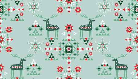 Merry Christmas Happy New Year seamless pattern with deer in forest. Holiday winter nordic...