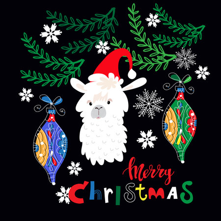 Merry Christmas holiday template greeting card with lama animal, Santa hat, christmas wreath, lettering. Cute christmas animals .Vector illustration in flat cartoon style.のイラスト素材