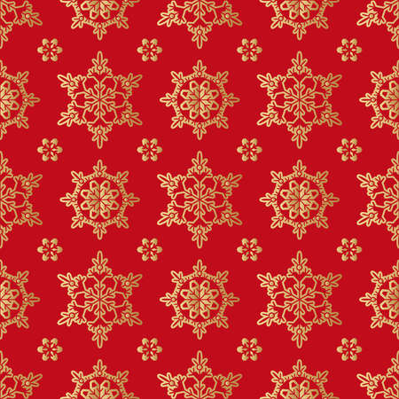Christmas seamless pattern with golden snowflakes. Merry Christmas and Happy New Year. Beautiful holiday ornament for unique winter design. Template background, packaging paper, cover, fabric, textile, card, web sait. Vector illustration.のイラスト素材