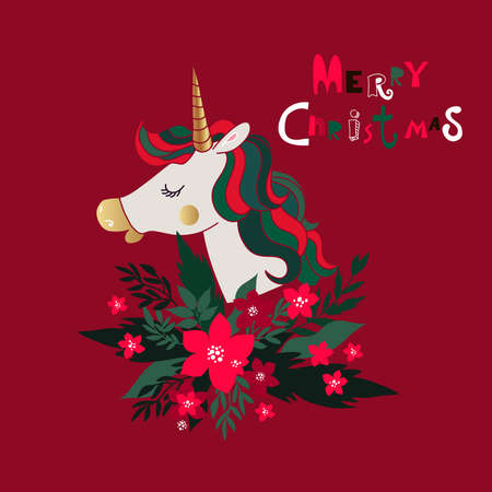 Merry Christmas holiday template greeting card with lama animal, Santa hat, christmas wreath, lettering. Cute christmas animals .Vector illustration in flat cartoon style.のイラスト素材