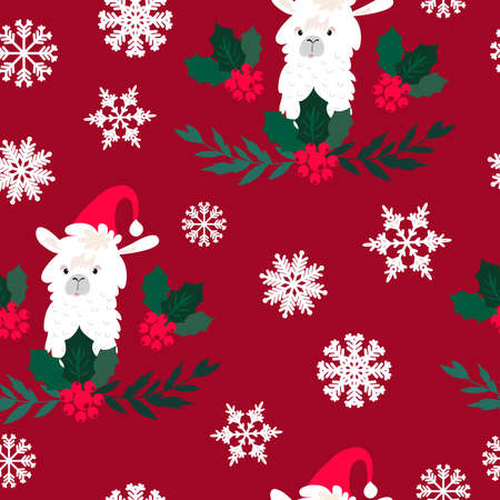 Merry Christmas holiday template seamless pattern with lama animal, Santa hat, christmas wreath, snowflake, berry, holly, jolly, poinsettia. Vector background illustration in flat cartoon style.のイラスト素材