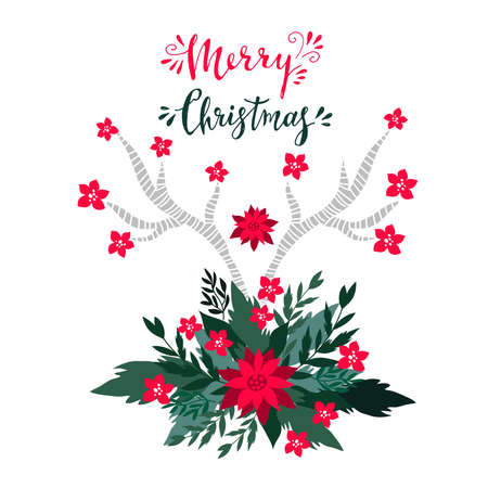 Merry Christmas holiday template greeting card with lama animal, Santa hat, christmas wreath, lettering. Cute christmas animals .Vector illustration in flat cartoon style.のイラスト素材