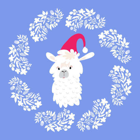 Merry Christmas holiday template greeting card with lama animal, Santa hat, christmas wreath, lettering. Cute christmas animals .Vector illustration in flat cartoon style.のイラスト素材
