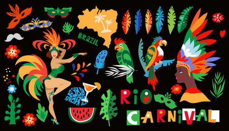 Brazil Carnival Latin Set Elements - Woman Wear Costume, decor Traditional. Vector illustration. For poster, card, web, invitation.のイラスト素材