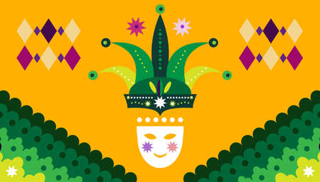 Carniva Maskl, Happy Mardi Gras. Festive masquerade joker background. Shrovetide or Maslenitsa Perfect for carnival party banner, website background Vector flat cartoon illustrationのイラスト素材