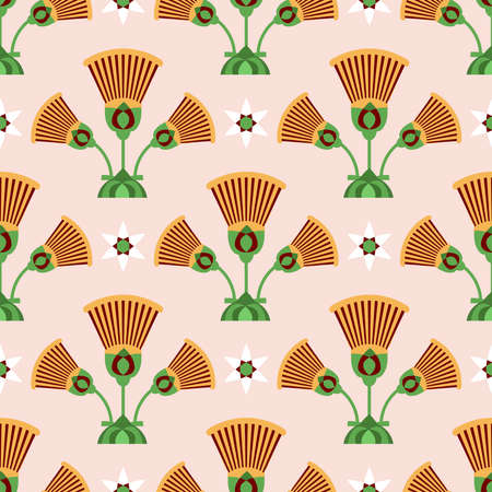 Seamless pattern vector illustration of the Egyptian ancient ornament with a lotus flower, leaves, papyrus, palm tree.のイラスト素材