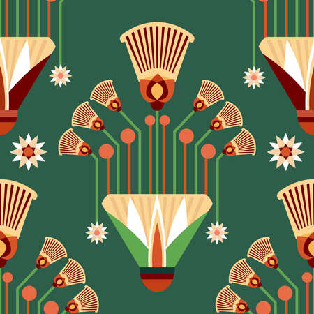 Seamless pattern vector illustration of the Egyptian ancient ornament with a lotus flower, leaves, papyrus, palm tree.のイラスト素材