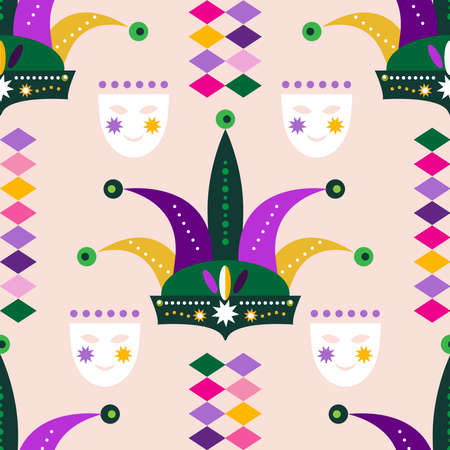 Carnival, Mardi Gras. Festive multicolor rhomb mask seamless pattern Perfect for invitation, flyers, poster, website backgrounds, wrapping paper, fabric Vector illustrationのイラスト素材