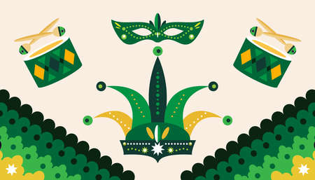Carniva Maskl, Happy Mardi Gras. Festive masquerade joker background. Shrovetide or Maslenitsa Perfect for carnival party banner, website background Vector flat cartoon illustrationのイラスト素材