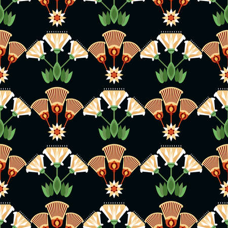 Seamless pattern vector illustration of the Egyptian ancient ornament with a lotus flower, leaves,...