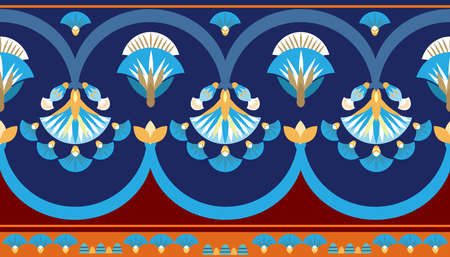 Seamless border pattern vector illustration of the Egyptian ancient ornament with a lotus flower,...