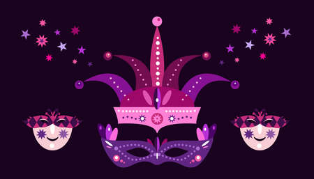 Carniva Maskl, Happy Mardi Gras. Festive masquerade joker background. Shrovetide or Maslenitsa Perfect for carnival party banner, website background Vector flat cartoon illustrationのイラスト素材