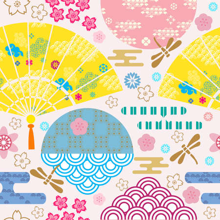 Beautiful chinese, japanese seamless pattern with fans, clouds, waves. For printing on packaging, textiles, paper, fabric, manufacturing, wallpapers. vector illustrationのイラスト素材