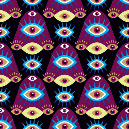 Awesome seamless pattern with esoteric eye different shapes, Magic, witchcraft, occult symbol, colorful line art. fabric, paper, textile. Vector Modern mythic graphic background illustration.のイラスト素材