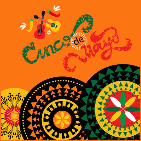 Happy Cinco de mayo poster with characers, sombrero, pepper, tequila. Cinco de Mayo - May 5, federal holiday in Mexico.Vector illustration fiesta style bright Mexico folk artのイラスト素材