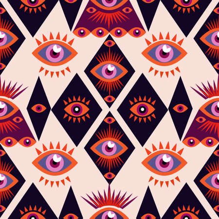 Awesome seamless pattern with esoteric eye different shapes, Magic, witchcraft, occult symbol, colorful line art. fabric, textile Vector Modern mythic graphic background illustrationのイラスト素材