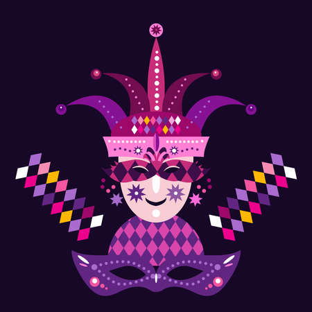 Carniva Maskl, Happy Mardi Gras. Festive masquerade joker background Shrovetide or Maslenitsa Perfect for carnival background Vector flat cartoon illustrationのイラスト素材