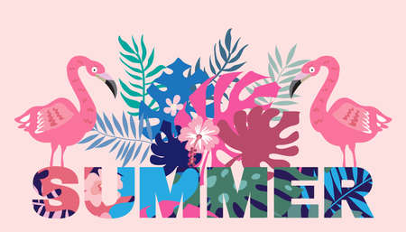 Summer concept design with flamingo bird, palm trees, tropical leaves and flowers Exotic modern design for web banner, poster, wall art, web site, business travel Vector illustrationのイラスト素材