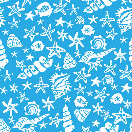 Beautiful seamless pattern with seaweeds, Sea underwater plants, ocean coral reef and aquatic kelp, sea star, algae, seashells, jellyfish. Marine background Vector illustrationのイラスト素材