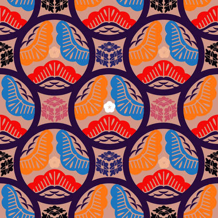 Beautiful japanese seamless pattern with clouds, waves plum, fan, sakura flower Vector template kimono asian texture. For printing on packaging, textiles, paper, fabric, manufacturing, wallpaperのイラスト素材