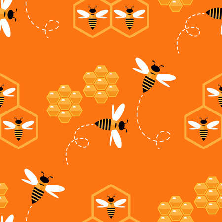 Summer flat cartoon seamless pattern with honeycomb, honey hive and bees. Creative kids texture for fabric, textile, wallpaper, apparel. vector illustration.のイラスト素材