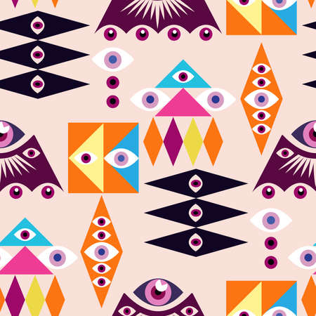 Awesome seamless pattern with esoteric eye different shapes, Magic, witchcraft, occult symbol, sacred art Template design fabric, textile Vector Modern mysthic background illustrationのイラスト素材