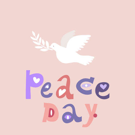 International day of peace- template poster, banner. Concept illustration with dove of peace, olive branch and hand written text. vector illustration.のイラスト素材