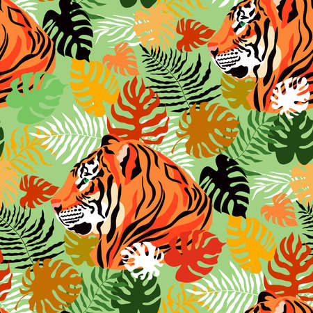 Tiger and tropical plants, flowers, leaves. Beautiful seamless pattern iin cartoon realistic flat style Modern fashion print skin for textile, fabric, wallpaper Vector illustrationのイラスト素材