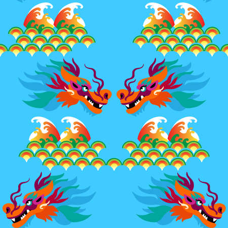 Japanese, Chinese seamless pattern with Dragon, fan, sakura, clouds, bonsai, sea vawes. Abstract texture, textile, kimono Vector illustration.のイラスト素材
