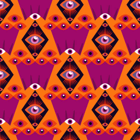 Awesome seamless pattern with esoteric eye different shapes, Magic, witchcraft, occult symbol, sacred art Template design fabric, textile Vector Modern mysthic graphic background illustrationのイラスト素材