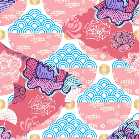 Beautiful japanese seamless pattern with clouds, waves plum, fan, sakura flower Vector template kimono asian texture. For printing on packaging, textiles, paper, fabric, manufacturing, wallpaperのイラスト素材