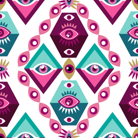 Awesome seamless pattern with esoteric eye different shapes, Magic, occult symbol, sacred art Template design fabric, textile Vector Modern mysthic background illustrationのイラスト素材