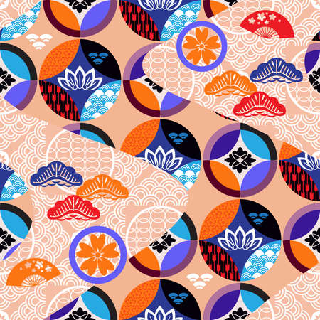 Beautiful japanese seamless pattern with clouds, waves plum, fan, sakura flower Vector template kimono asian texture. For printing on packaging, textiles, paper, fabric, manufacturing, wallpaperのイラスト素材