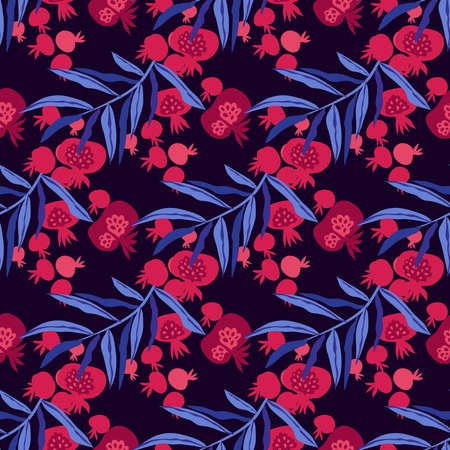 Beautiful seamless pattern with pomegranate fruit for trendy summer design. Modern texture for textile, paper, cover, fabric, interior decor, wrapping, wallpaper, packaging. vector illustrationのイラスト素材