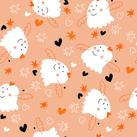 Happy Halloween- template seamless pattern in cute cartoon style. Bright colors. Hand drawn lettering. Background holiday design with pumpkin, bat, ghost, moon, skeleton and skull. vector illustration.のイラスト素材
