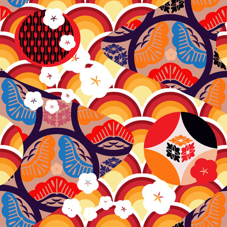 Beautiful japanese seamless pattern with clouds, waves plum, fan, sakura flower Vector template kimono asian texture. For printing on packaging, textiles, paper, fabric, manufacturing, wallpaperのイラスト素材