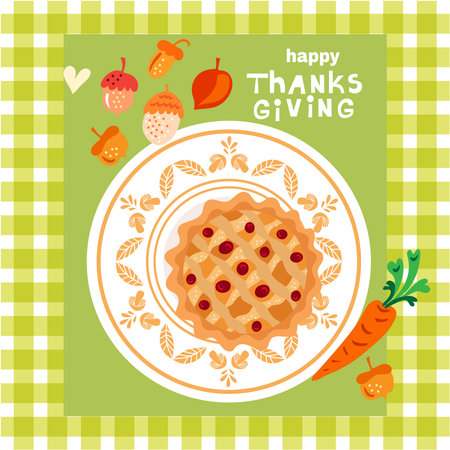 Happy Thanksgiving banner with baked turkey; autumn leaves; pumpkin-pie; apples and plates, acorn. Food and dishes of thanksgiving dinner on the table. vector cute; illustration for postcard; banner;; backgroundのイラスト素材
