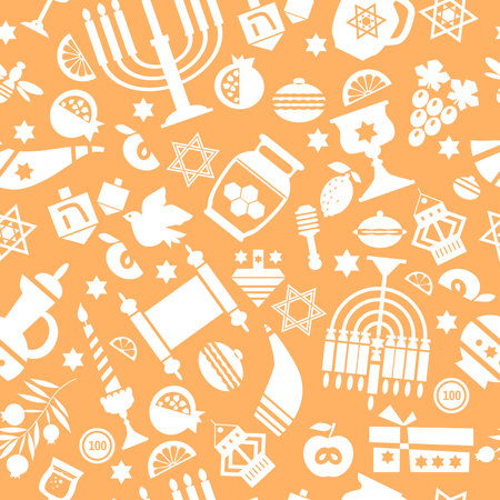 Rosh hashanah , Shana Tova - jewish new year holiday seamless pattern vector template background cartoon flat design Pomegranate, honey, wine, menorah, candle, star David, apple, shofar, flowerのイラスト素材